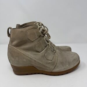 Sorel Women's Evie Beige Suede Lace Up Wedge Ankle Boots Size 9